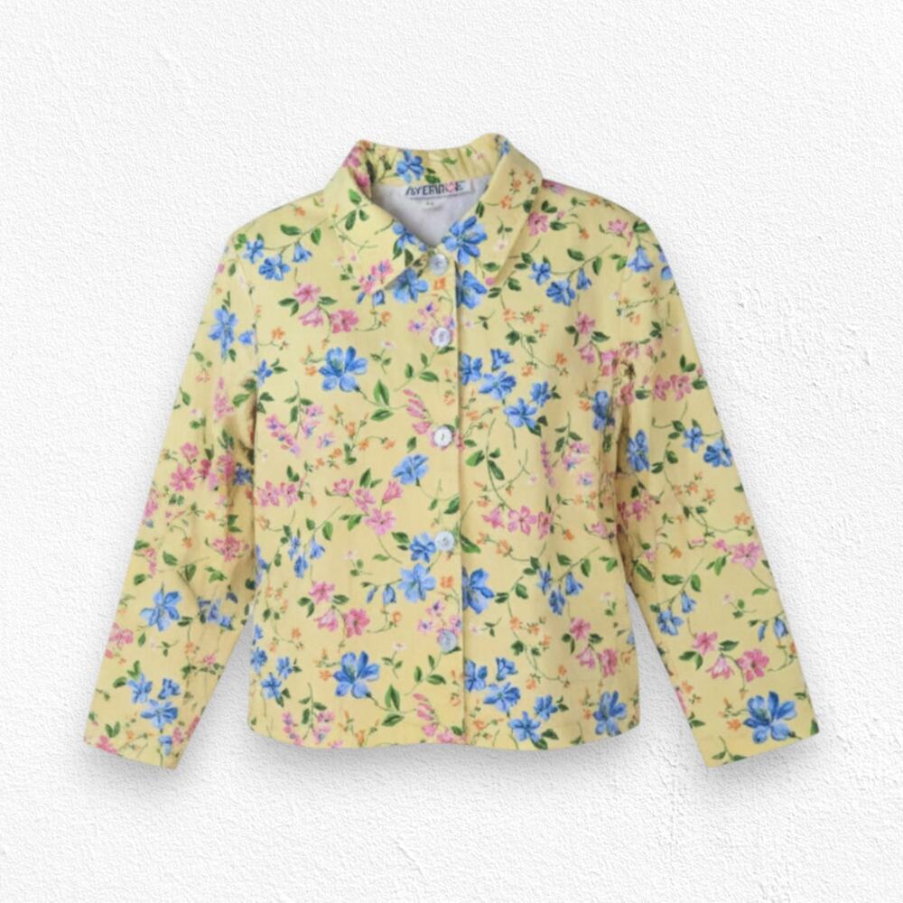90s Vintage Yellow Floral Denim Jacket USA Made Cottagecore Grandma Size 10